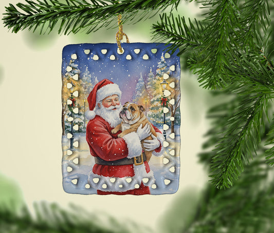 English Bulldog with Santa Claus Porcelain Ornament