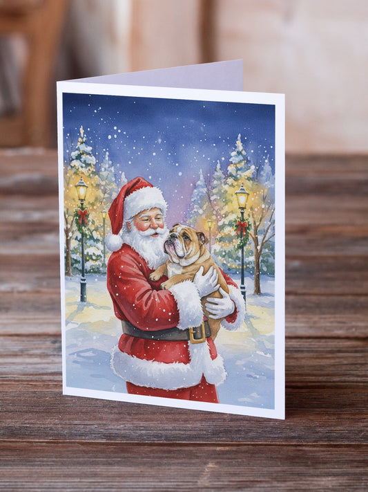 English Bulldog with Santa Claus Greeting Cards Pack of 8