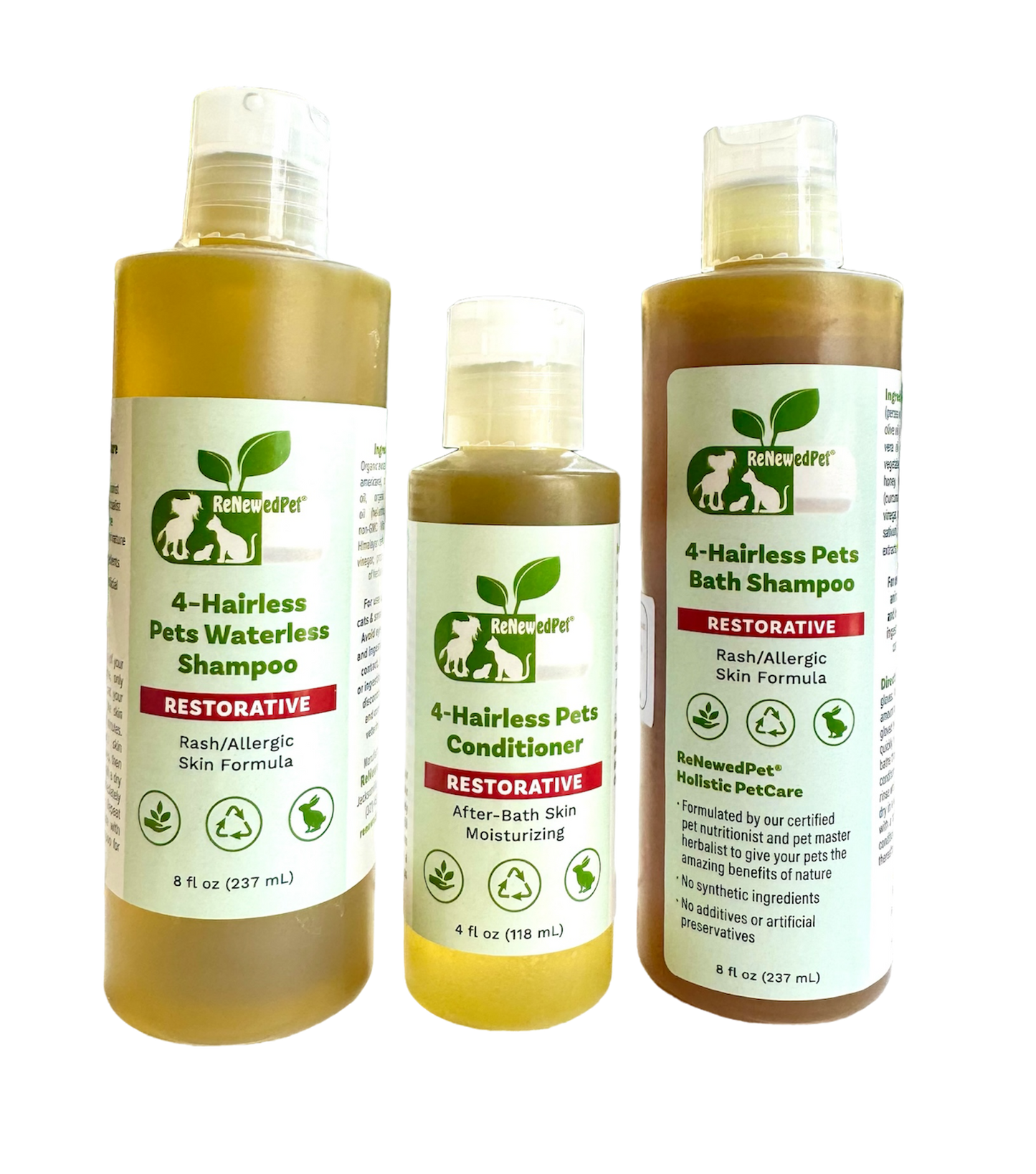 4 - HAIRLESS PETS RESTORATIVE SHAMPOO, WATERLESS & CONDITIONER - 4 Nudie Pets - ReNewedPet