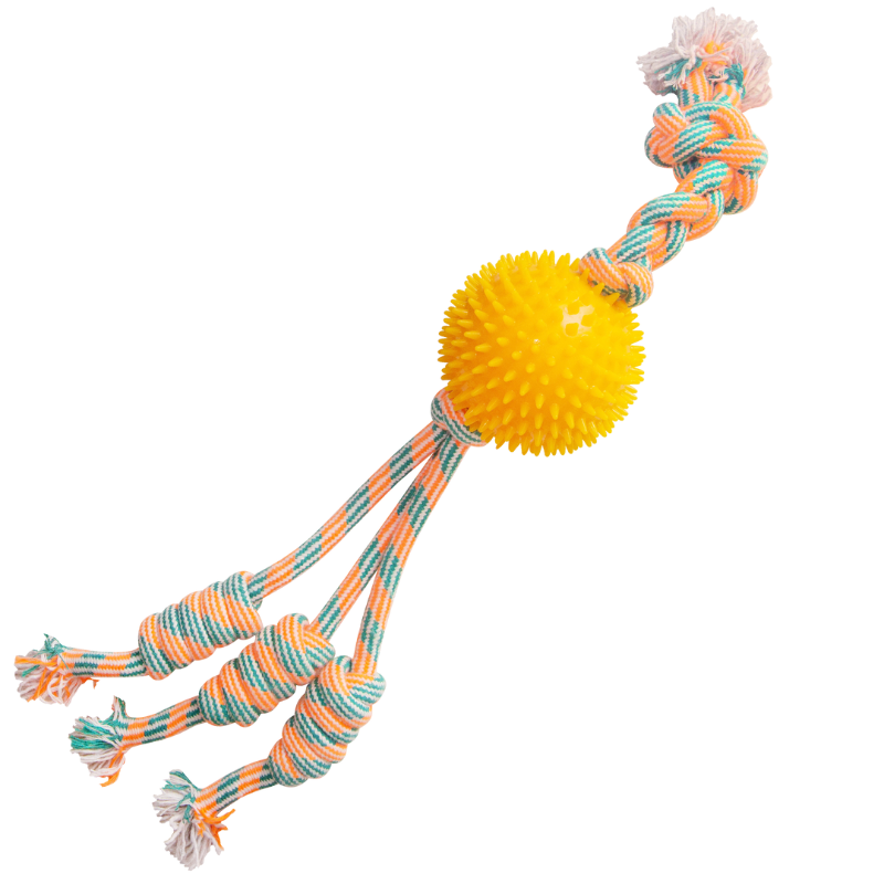 Feel'N Spikey Yellow Ball Rope Tug Dog Toy - 22"