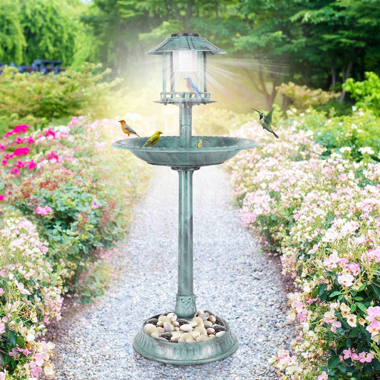 Bird Bath – Green Copper Patina Finish with Solar Garden Light