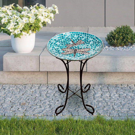 Bird Bath – Teal & Blue Mosaic Glass Bowl with Metal Stand