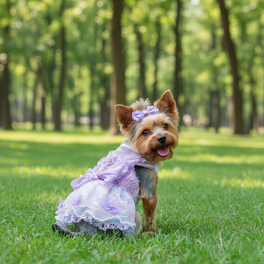 Handmade Luxury Dog Dress Purple Lace Pearl Bow Outfit - Purrfect Pet Kingdom