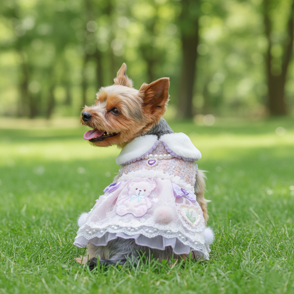 Handmade Teddy Puppy Dress Pink Lace Tweed Skirt