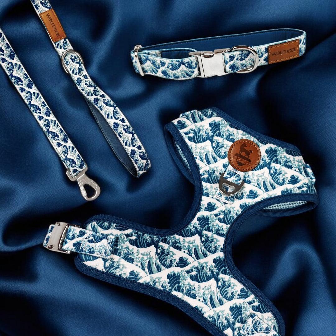 Dog Collar Japanese Wave Pattern Blue Silver ๐