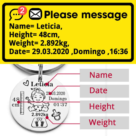 Lovely Personalized Baby Boys Girls Keychain Name Birth Weight Height For Newborn Commemorate New Mom Dad Gift Keyring P026_C