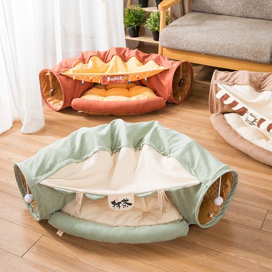 Collapsible Removable Cat Tunnel Tube With Cat Bed Set - Purrfect Pet Kingdom