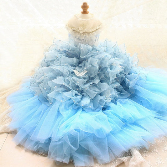 Handmade Luxury Pet Gown Trailing Dress Blue Chiffon Dog Gown Dog Dress - Purrfect Pet Kingdom