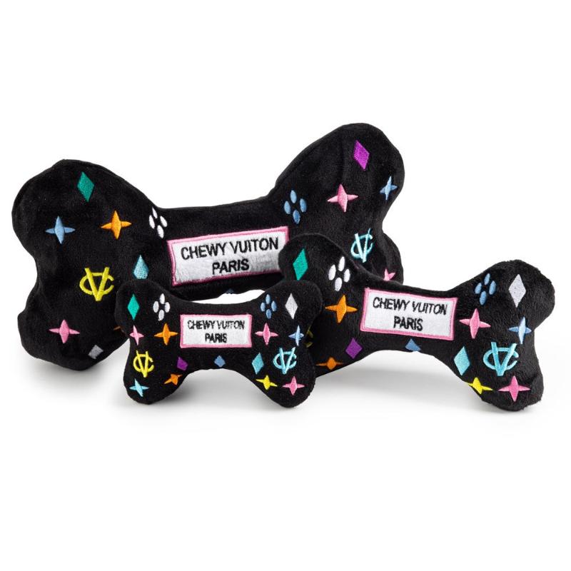 Black Monogram Chewy V Bone Plush Squeak Dog Toy - 3 Sizes