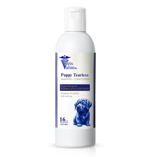 Vets Value Puppy Tearless Shampoo + Conditioner 16oz - Hypoallergenic Dog Wash for Puppies 4 Weeks & Up Gentle Formula Soothes Sensitive Skin, Softens Coat, Nourishing, Healthy Grooming - pH Balanced - Horizon Animal Care