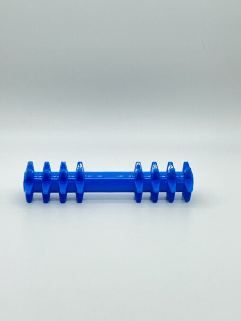 Bright blue durable plastic dog toy featuring a central bar with two sets of four spiked rings for chewing.