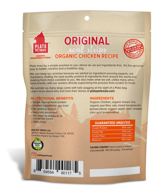 Plato Original Real Strips Organic Chicken Dog Treats (6oz) - Chewy Dog Treats - The Family Pet