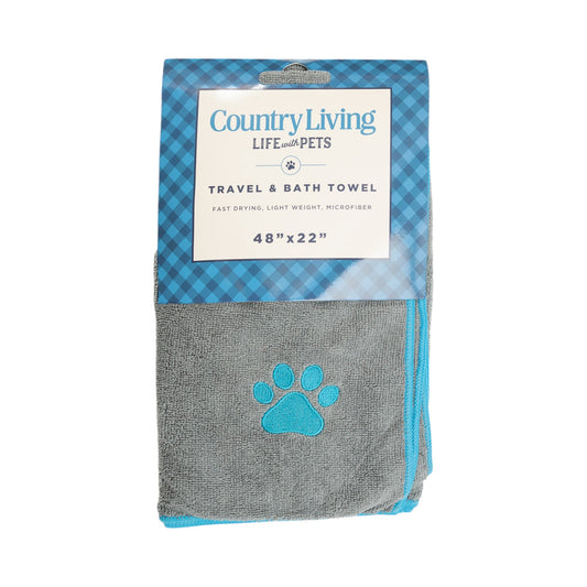 Country Living Large Gray Microfiber Dog Bath Towel with Teal Embroidered Paw Print - Purrfect Pet Kingdom