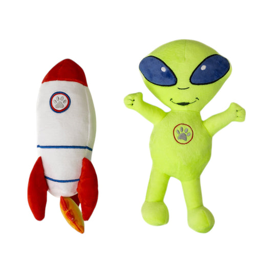 Space Alien & Rocket Plush Dog Toy Gift Set – with Squeaker