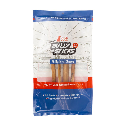 All-Natural Beef Bully Stick Dog Treats โ Nutrient-Rich, and High-Protein โ 12-Inch Standard (4-Pack) - Purrfect Pet Kingdom
