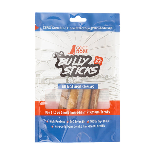 All-Natural Beef Bully Stick Dog Treats โ Nutrient-Rich, and High-Protein โ 6-Inch Standard (4-Pack) - Purrfect Pet Kingdom