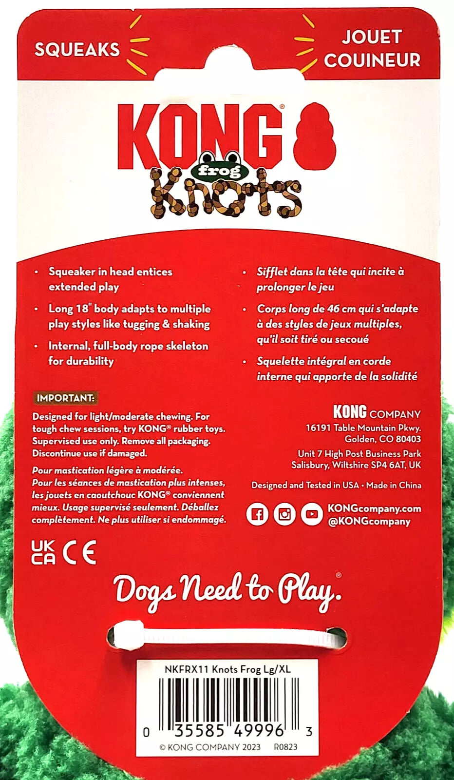 KONG Knots Frog Internal Rope Squeaky Dog Toy L/XL