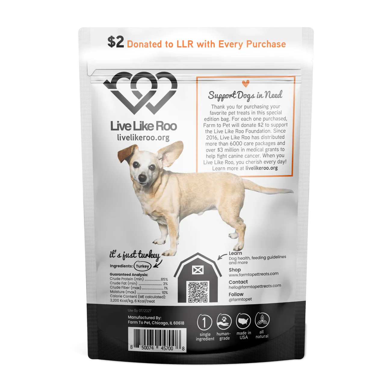 Farm To Pet Live Like Roo Turkey Chips (4oz) - dog treats - The Family Pet