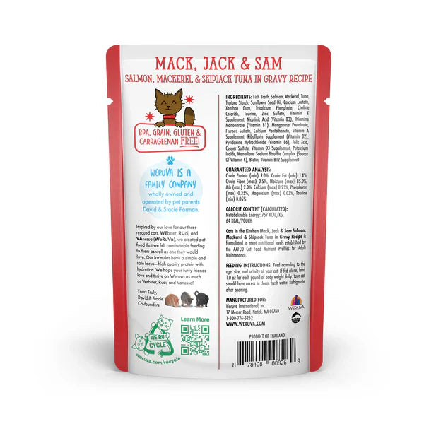 Cats in the Kitchen Mack, Jack and Sam Salmon, Mackerel & Skipjack Tuna in Gravy (3oz) - Cats in the Kitchen Wet Cat Food - The Family Pet