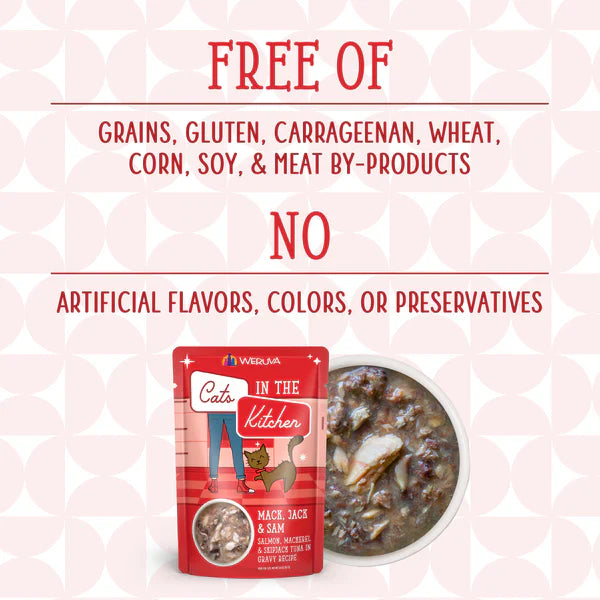 Cats in the Kitchen Mack, Jack and Sam Salmon, Mackerel & Skipjack Tuna in Gravy (3oz) - Cats in the Kitchen Wet Cat Food - The Family Pet