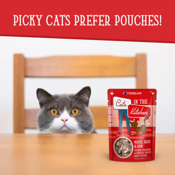 Cats in the Kitchen Mack, Jack and Sam Salmon, Mackerel & Skipjack Tuna in Gravy (3oz) - Cats in the Kitchen Wet Cat Food - The Family Pet