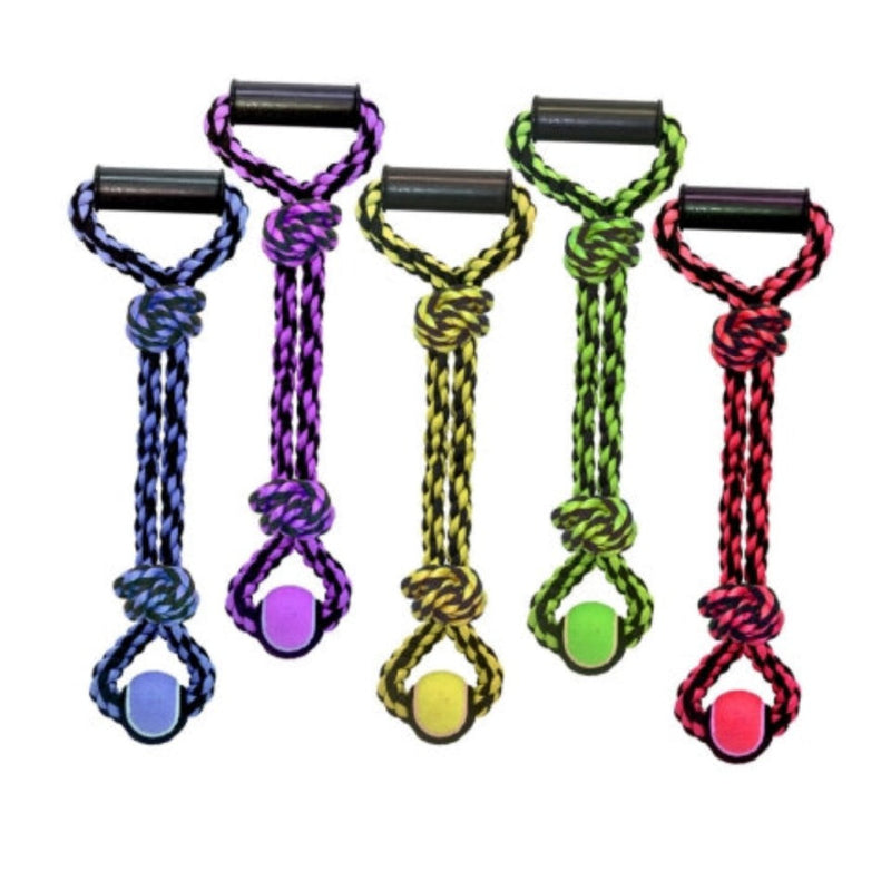 Nuts for Knots (2 Knots) Tennis Ball with Tug Handle Rope Dog Toy - 4 Colors