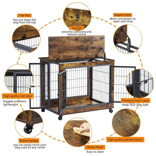 Rolling Rustic Brown Dog Crate Table with Double Doors - Ameraeon