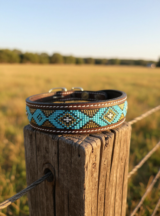 Epic Padded Leather Dog Collar with Beaded Design Dog Collar - detail view