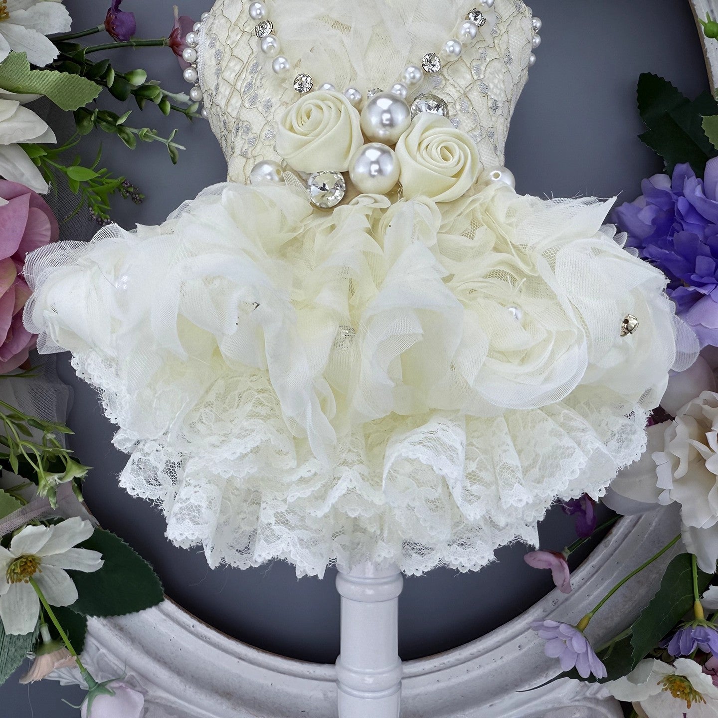 Handmade Luxury Pearl & Rose Lace Pet Dress