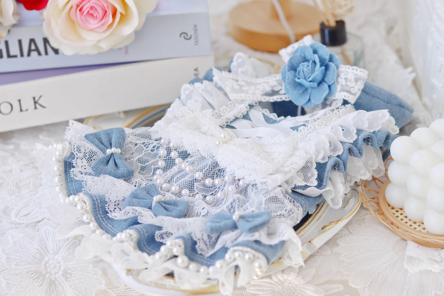 Pet Dress Lace Pearl Dog Outfit Elegant Blue - Purrfect Pet Kingdom