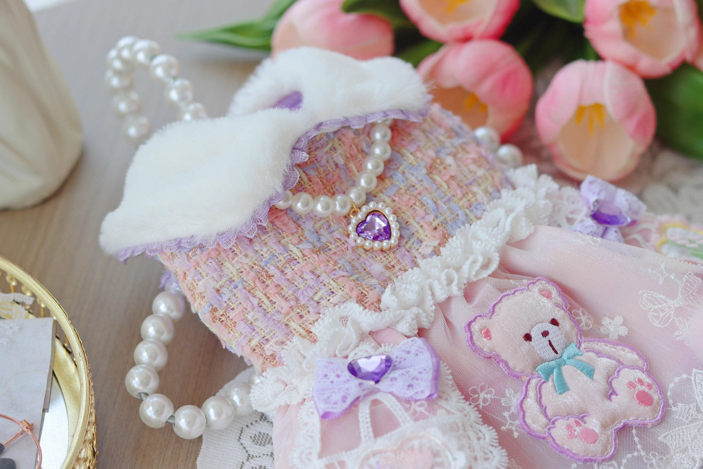 Handmade Teddy Puppy Dress Pink Lace Tweed Skirt