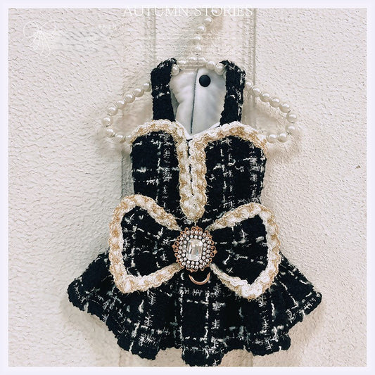 Luxury Black Tweed Rhinestone Dog Dress with Hat ? Elegant French Couture Style
