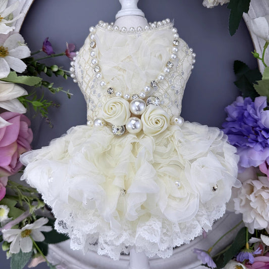 Handmade Luxury Pearl & Rose Lace Pet Dress - Purrfect Pet Kingdom