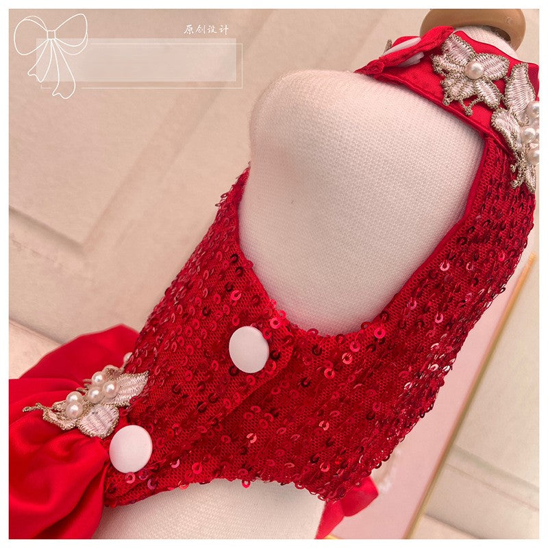 Red Sequin Pearl Dog Dress – Luxury Holiday & Wedding Pet Gown - Purrfect Pet Kingdom
