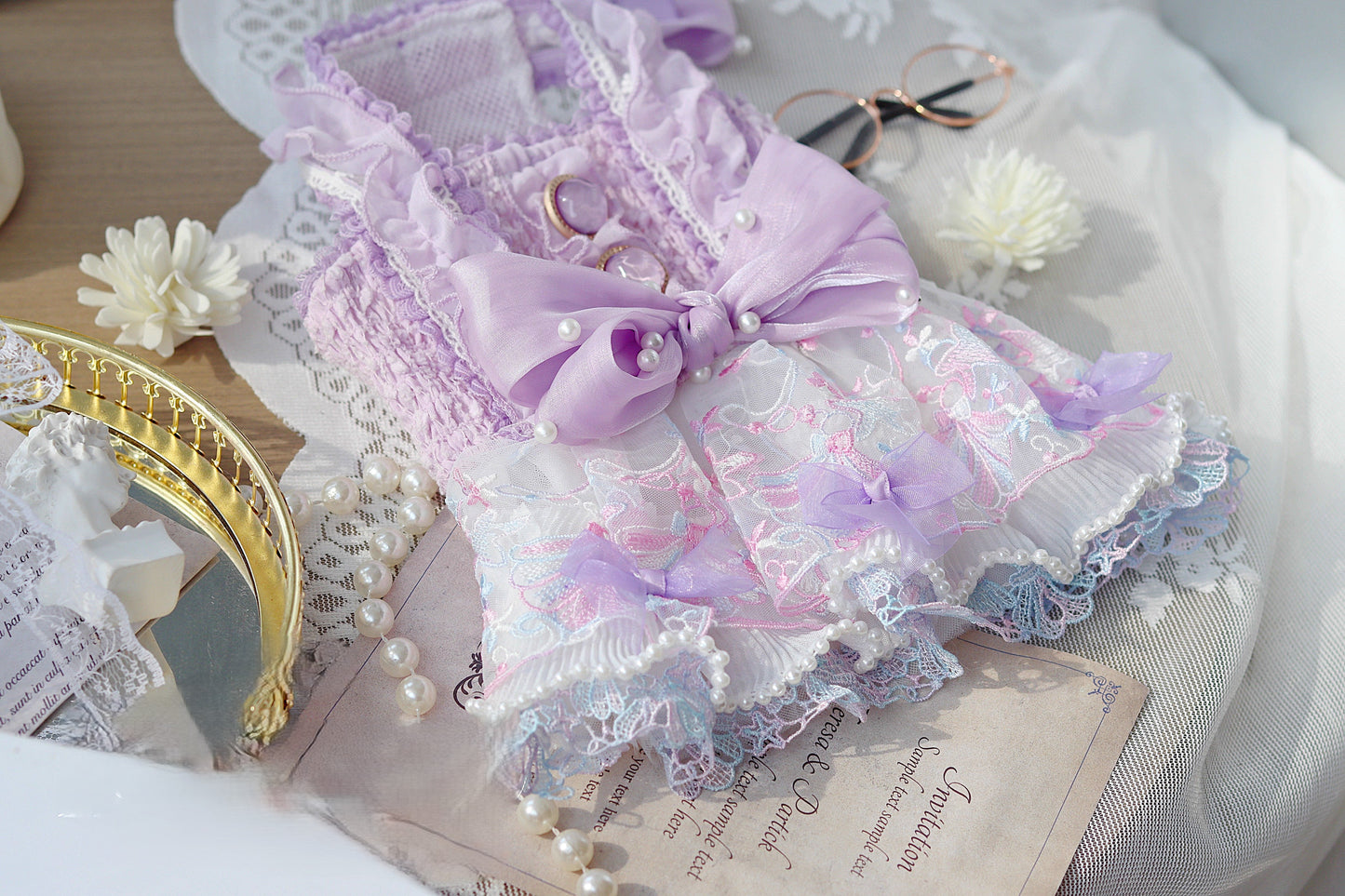 Handmade Luxury Dog Dress Purple Lace Pearl Bow Outfit - Purrfect Pet Kingdom