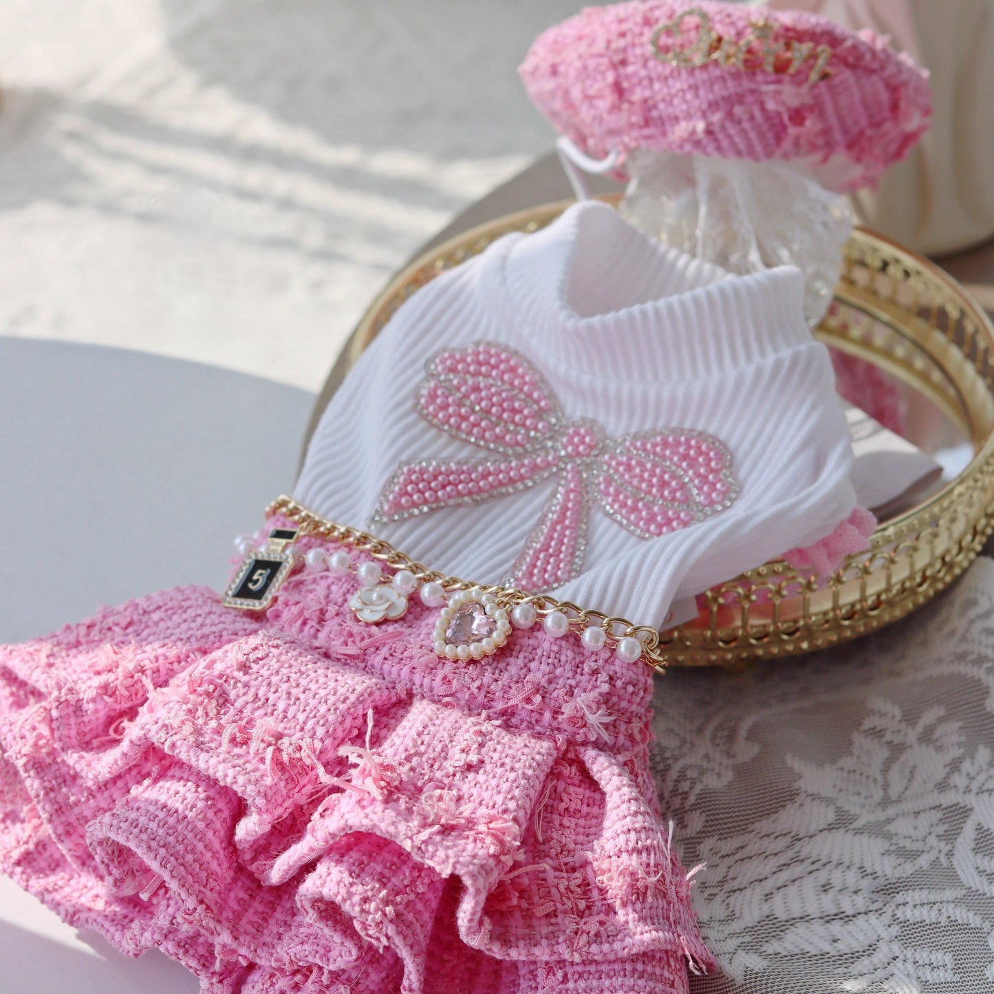 Handmade Chic Puppy Suit Pink Tweed Skirt Outfit - Purrfect Pet Kingdom