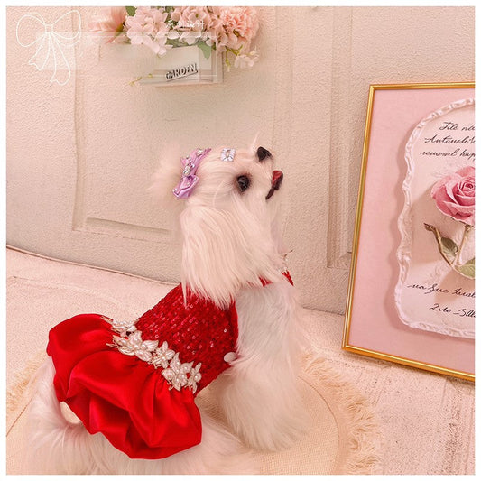 Red Sequin Pearl Dog Dress ? Luxury Holiday & Wedding Pet Gown