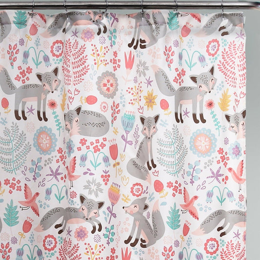 72-inch Pink Grey Teal Floral Fox Birds Polyester Shower