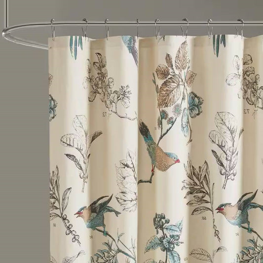 72-inch Beige Khaki Cotton Shower Curtain with Vintage Birds
