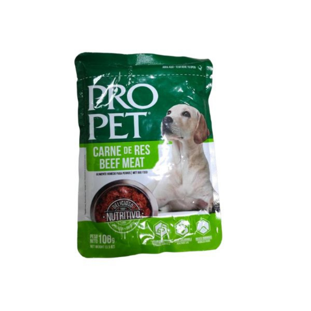 Purrfect Pet Kingdom green gourmet beef wet dog food pouch for small dogs featuring a puppy and bowl of meat.