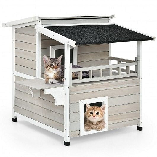 2-Story Wooden Patio Luxurious Cat Shelter House Condo with Large Balcony - Purrfect Pet Kingdom