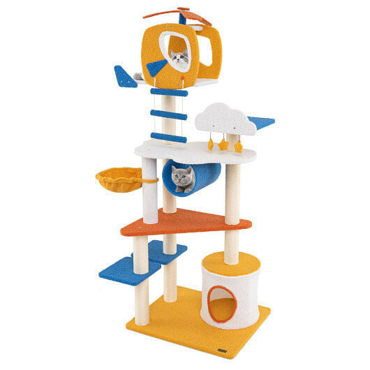 70 Inch Tall Aviation-themed Cat Tree with Helicopter Top Perch and Platforms-Yellow - Purrfect Pet Kingdom