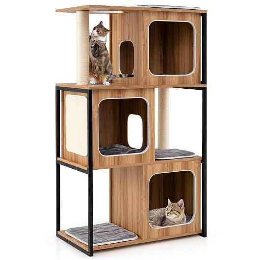 Modern Cat Tree Cat House with Metal Frame and Scratching Posts-Natural - Purrfect Pet Kingdom