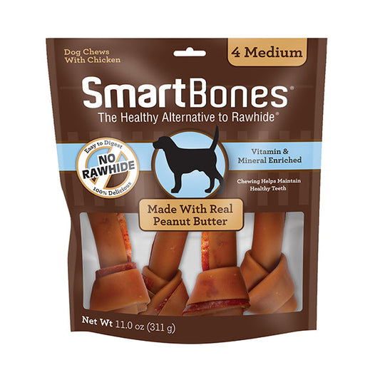 Smartbones Peanut Butter Classic Bone Chews - Medium (4pk) (11oz) - Smartbones Dog Treats - The Family Pet