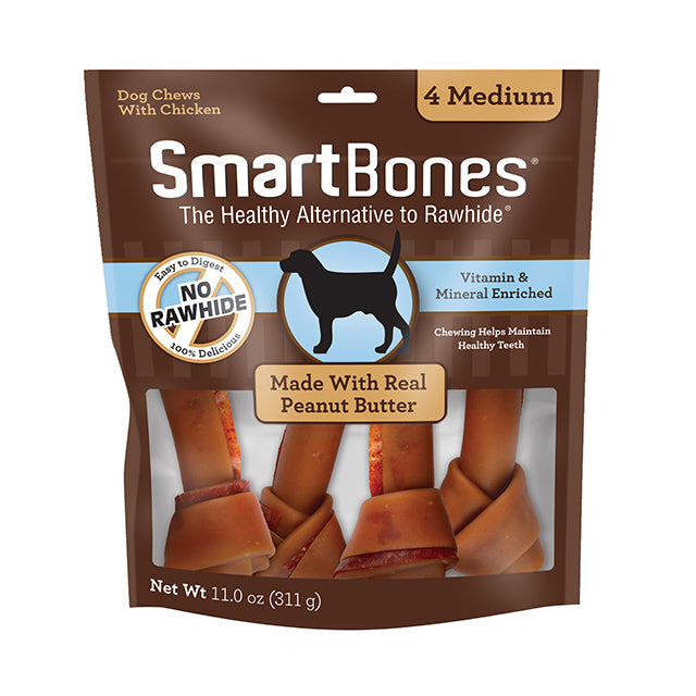 Smartbones Peanut Butter Classic Bone Chews - Medium (4pk) (11oz) - Smartbones Dog Treats - The Family Pet