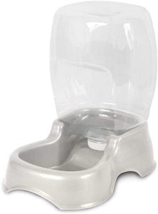 Pearl silver gravity waterer for pets with a clear plastic reservoir and durable base for automatic hydration.