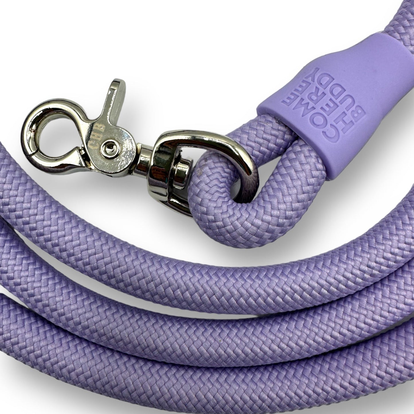 Lavender Kismet hands-free braided leash with silver swivel hook and 'COME HERE BUDDY' embossed silicone sleeve.