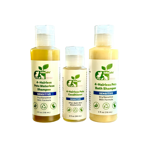 4 - HAIRLESS PETS SENSITIVE SHAMPOO, WATERLESS & CONDITIONER KIT - 4 Nudie Pets - ReNewedPet - HALF SIZE  ($4.95/oz.) - SENTRPCOMBOHALF