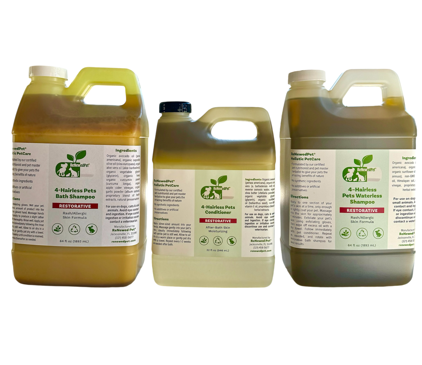 4 - HAIRLESS PETS RESTORATIVE SHAMPOO, WATERLESS & CONDITIONER - 4 Nudie Pets - ReNewedPet