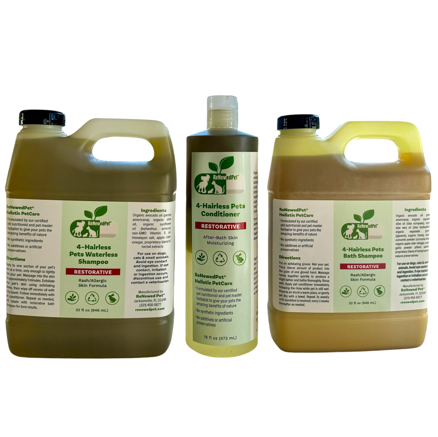 4 - HAIRLESS PETS RESTORATIVE SHAMPOO, WATERLESS & CONDITIONER - 4 Nudie Pets - ReNewedPet